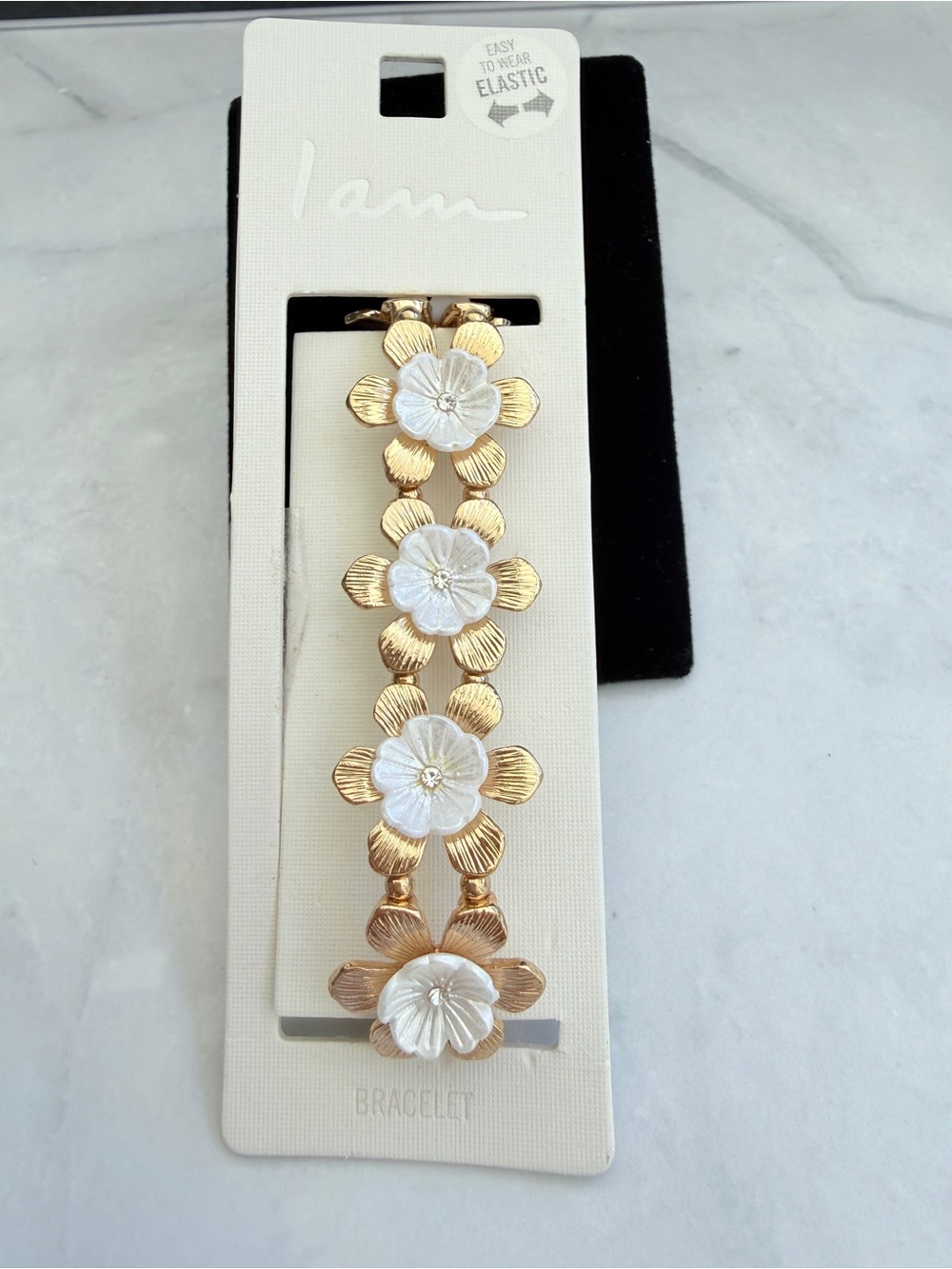 🚨3 for $15🚨 I am - Gold Tone Floral Stretch Bracelet with White Flower Accents